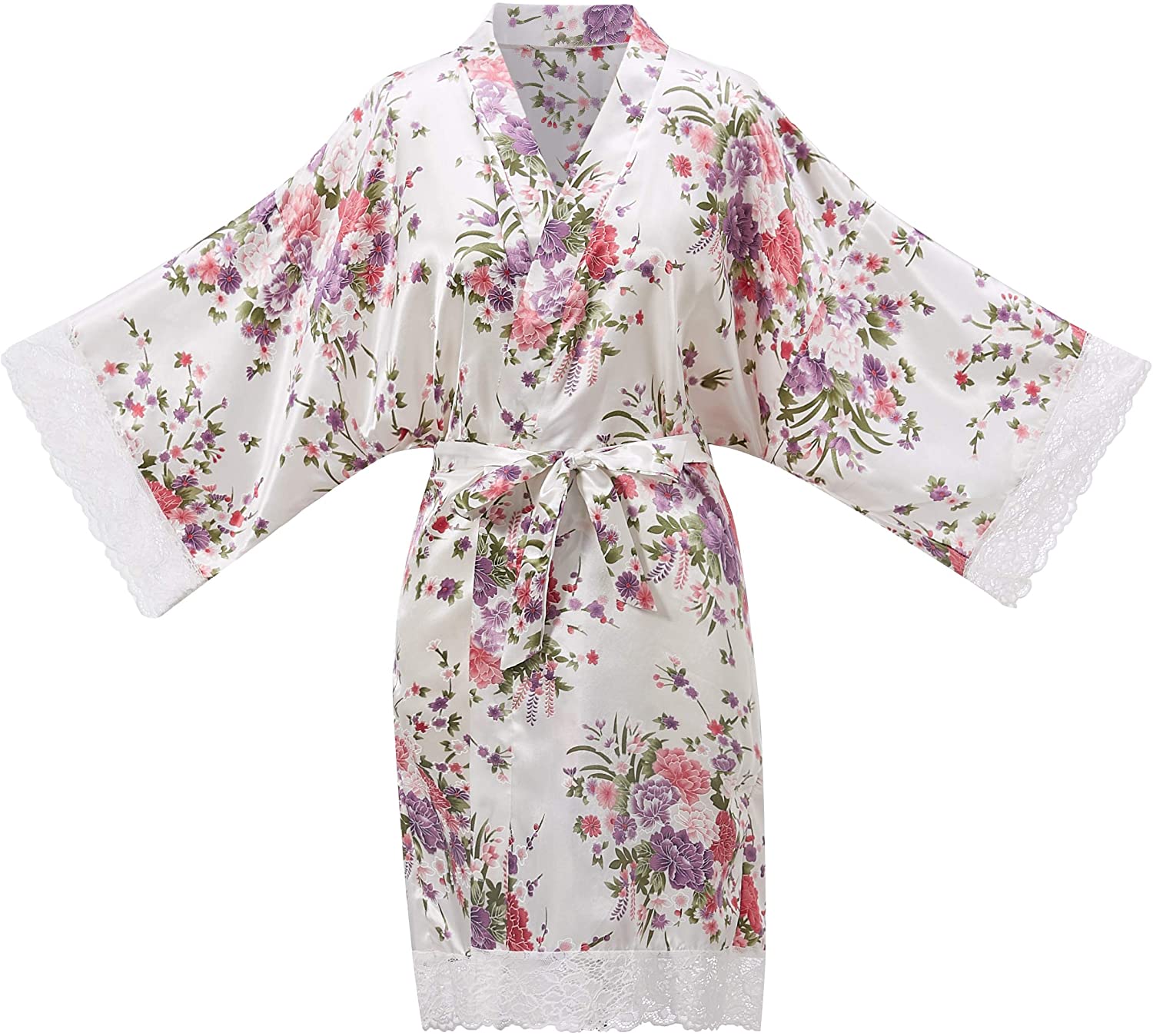 Price:$13.88 ALHAVONE Women's Bride Bridesmaid One Size Floral Silky Short Kimono Lace Robe for Wedding Getting Ready (White) at Amazon Women’s Clothing store
