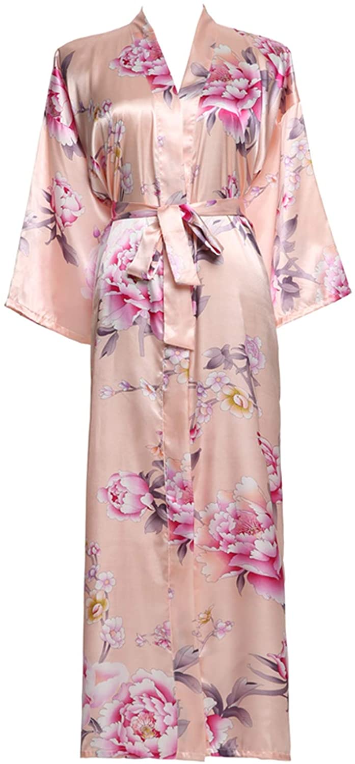 Price:$23.84 Peony Long Floral Robe Kimono Bridal Pure Satin Silk BathNight Dress Wedding Robes, Blush, One Size at Amazon Women’s Clothing store