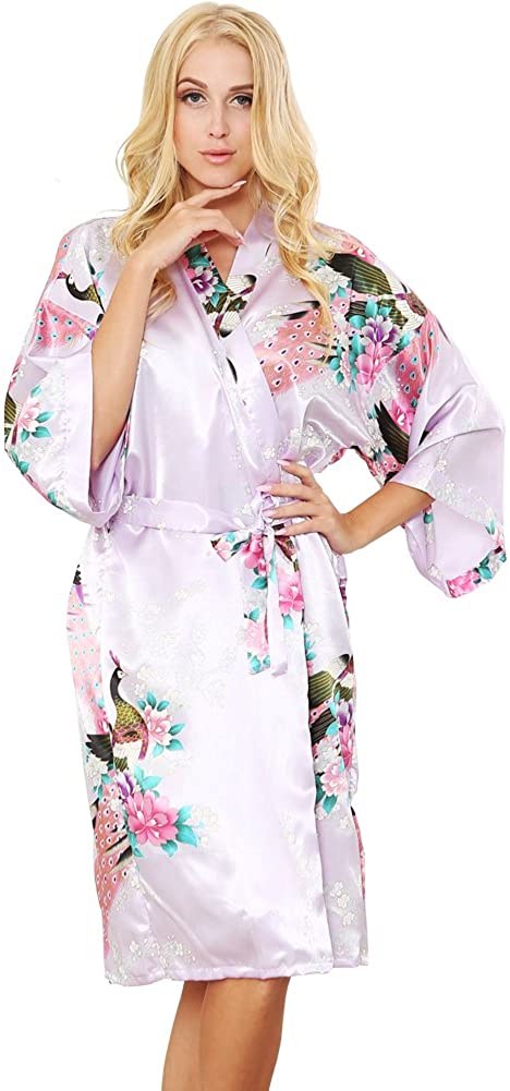 Price:$11.99 Mr & Mrs Right Women's Robes Peacock and Blossoms Kimono Satin Nightwear Long Style at Amazon Women’s Clothing store