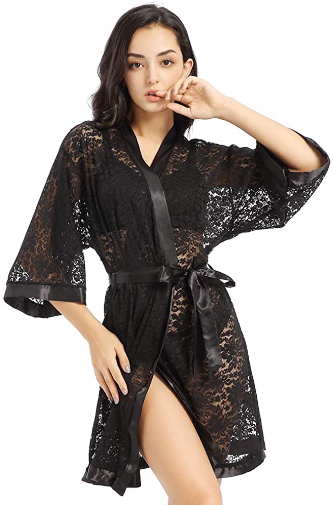 Price:$12.99 SHARICCA Women's Sexy Lace Kimono Robes with Oblique V-Neck Satin Trim Short Robe Nightwear Nightgown Sleepwear at Amazon Women’s Clothing store