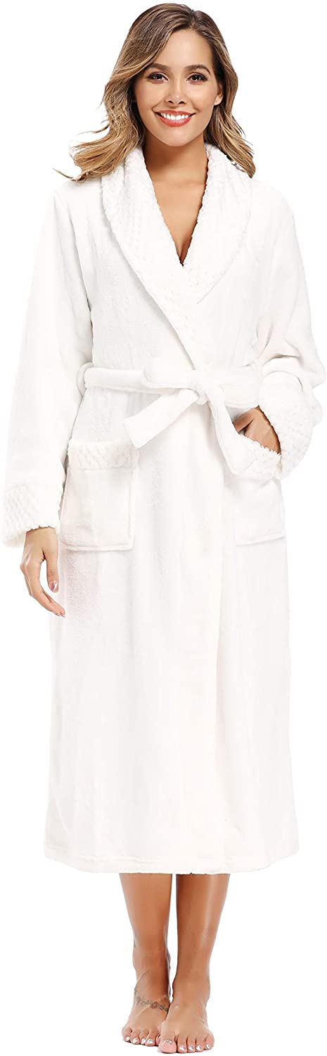 Price:$23.39 Foucome Womens Fleece Robes Soft Plush Warm Long Bathrobe with Two deep Front Pockets at Amazon Women’s Clothing store