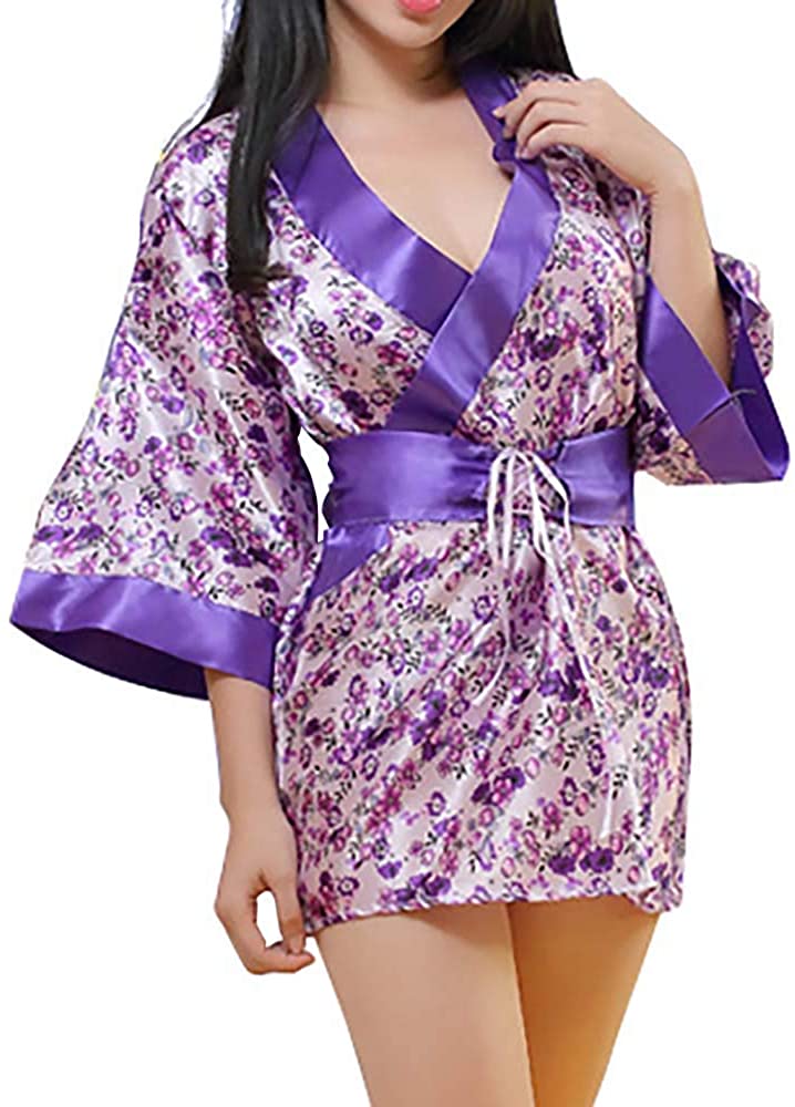 Price:$9.99 Sexy Floral Print Kimono Dress Cold Shoulder One Piece Mini Dress with OBI Belt Lingerie Set (Purple, One Size Bust 32"-36", Waist 24"-29") at Amazon Women’s Clothing store