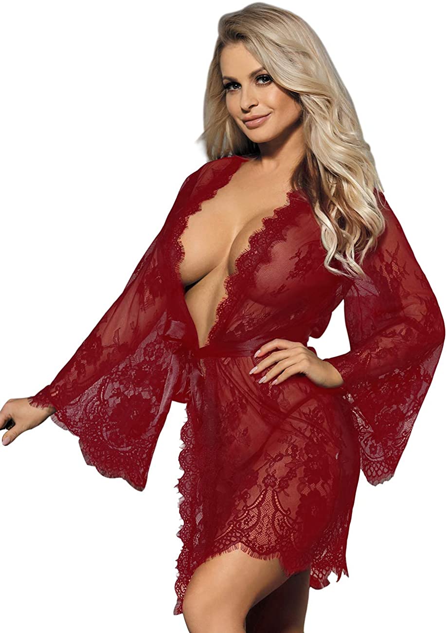 Price:$13.99    comeondear Women's Lace Kimono Robe Plus Size Babydoll Lingerie Mesh Nightgown  Clothing