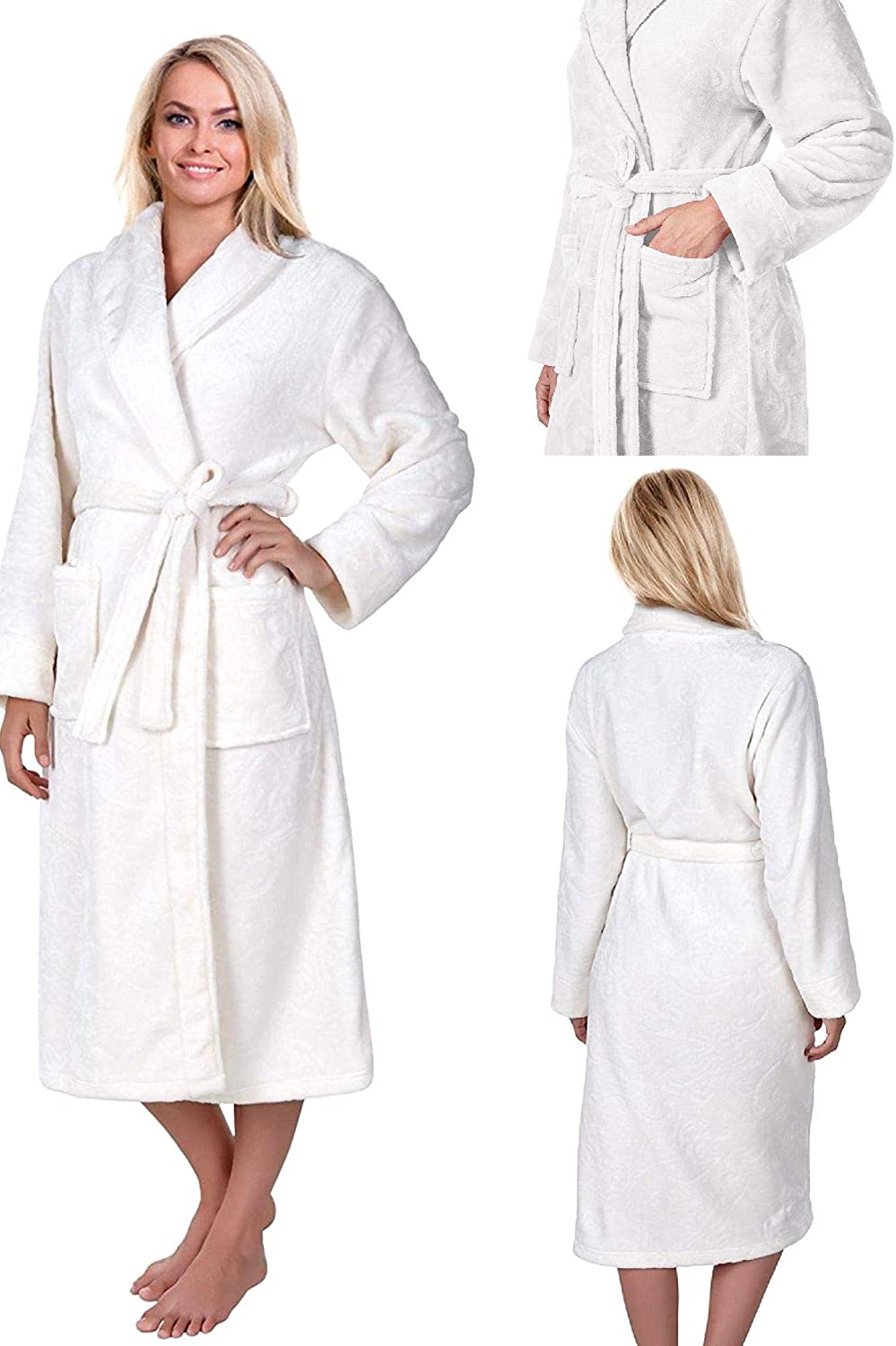 Price:$19.99 Mad Dog Concepts Women's Bath Spa Robe Warm Embossed Fleece Shawl Collar White at Amazon Women’s Clothing store