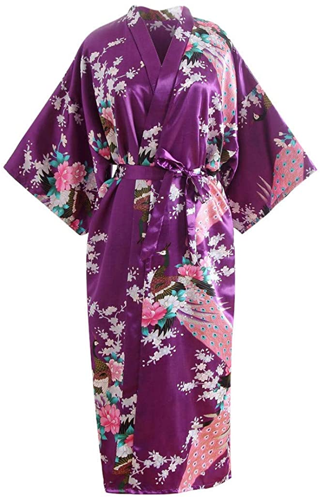 Price:$1.99    Women Bath Robe Summer Faux Silk Floral Lady Bathrobe Female Nightwear Nightgown Robe Purple  Clothing