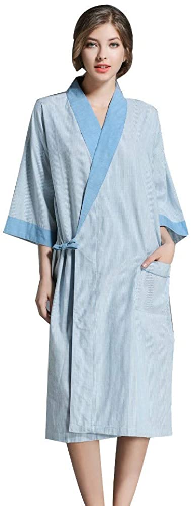 Price:$11.42 iLOOSKR New Women's Shawl Bathrobe Large Size Seven-Point Sleeve Kimono Style Cotton Robes Robe Blue at Amazon Women’s Clothing store