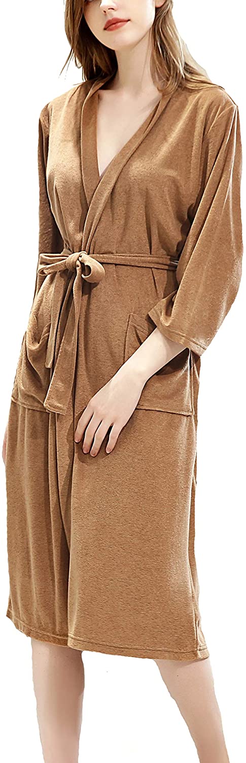 Price:$16.99 Women Kimono Robes Cotton Lightweight Long Robe Knit Bathrobe Soft Sleepwear V-Neck Ladies Loungewear S-XXL Camel M at Amazon Women’s Clothing store