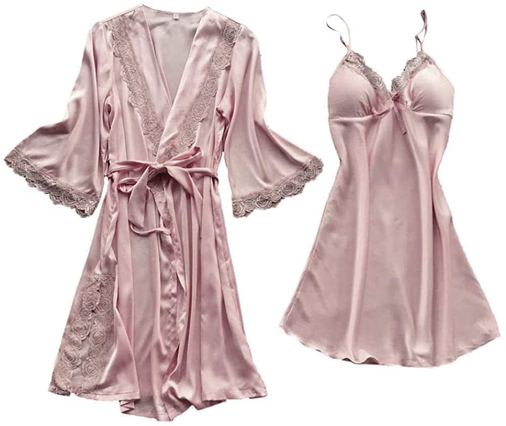 Price:$10.19 Seaintheson Sleepwear for Women, 2Pcs Sexy Silk Kimono Robe Short Sleepwear Bride and Bridesmaid Bath Robe with Lace Trim at Amazon Women’s Clothing store