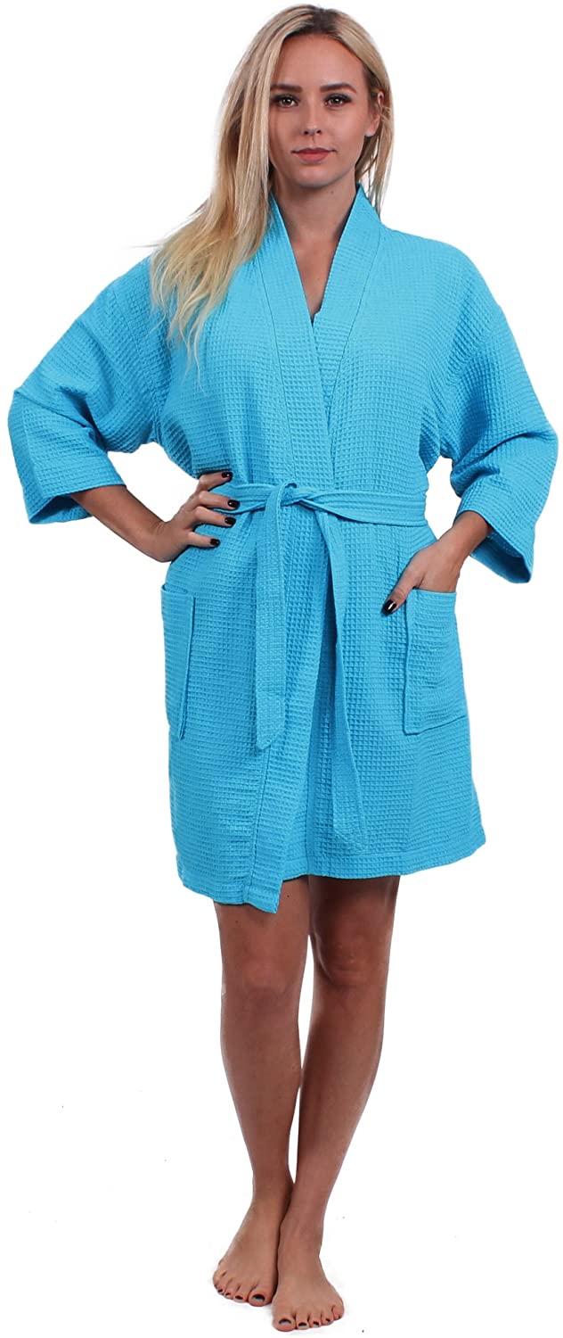 Price:$19.99 Turkuoise Women's Turkish Cotton Knee Length Lightweight Bridesmaids Waffle Kimono Robe Turquoise XXL at Amazon Women’s Clothing store