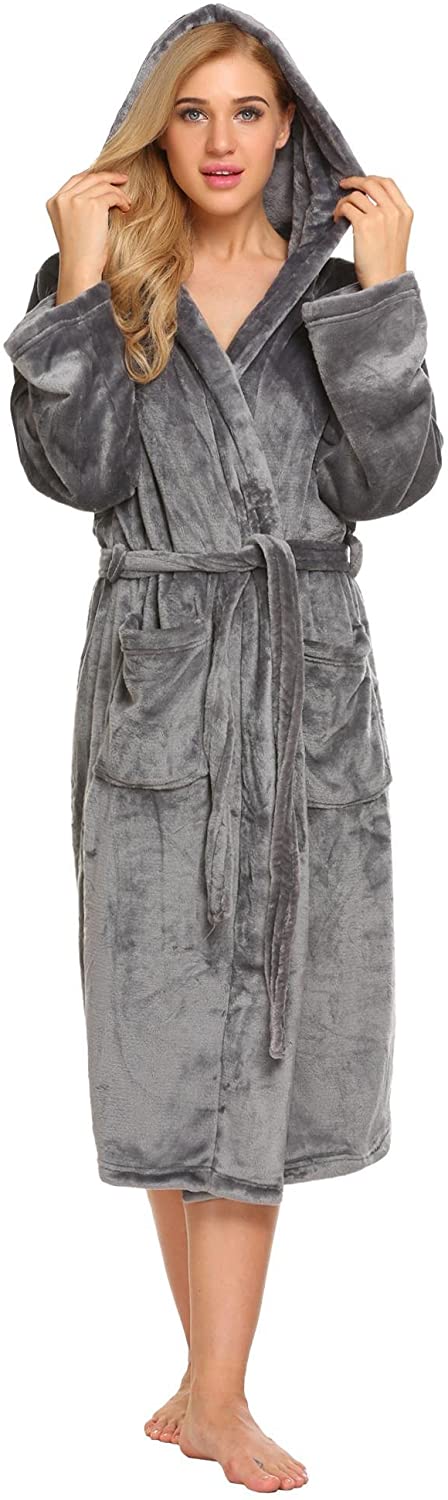 Price:$36.99 Ekouaer Women Fleece Robe Hooded Bathrobe Long Plush Microfiber Sleepwear with Pockets S-XL at Amazon Women’s Clothing store