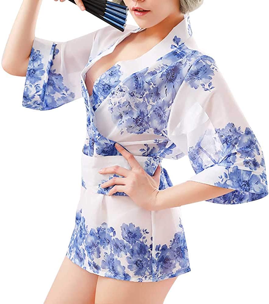 Price:$19.00    Women's Sheer Floral Kimono Ligerie Half Sleeve Spring Blossom Flowers Print Chiffon Robe Micro Mini Dress Sleepwear (Blue Sakura)  Clothing
