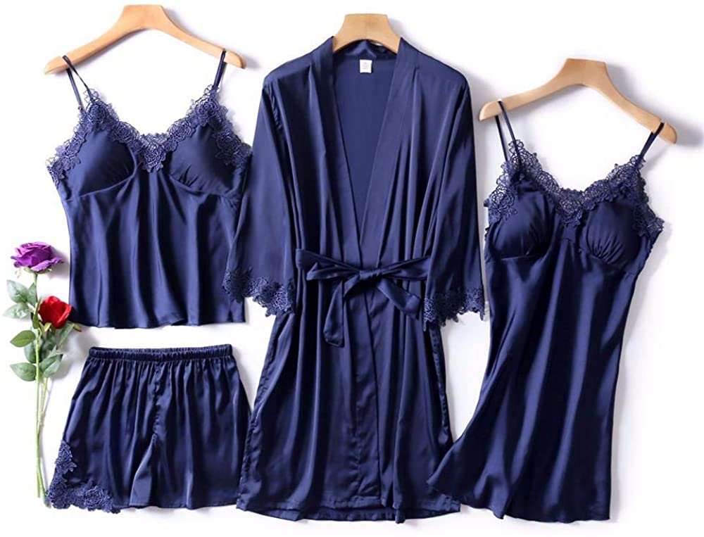 Price:$28.99 YOUTH UNION 4 Piece Sexy Pajamas Set Women Silk Satin Robe Lace Sling Sleeveless Shirt Shorts Summer Sleepwear Nightgown Suit with Chest Pads (Navy Blue, M) at Amazon Women’s Clothing store