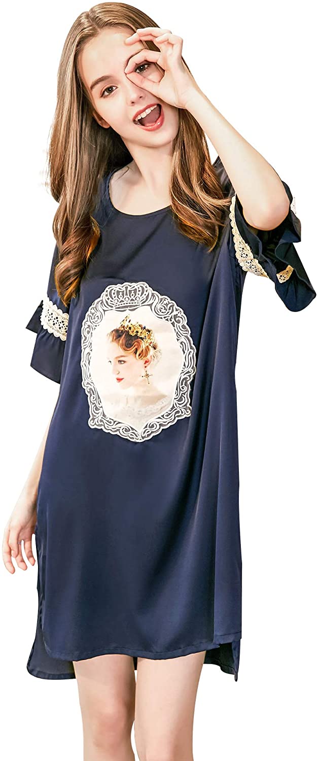 Price:$9.99 Belle Heure Women’s Satin Silky Lace Nightgown Short Sleeve Sleep Shirt Loungewear Blue at Amazon Women’s Clothing store