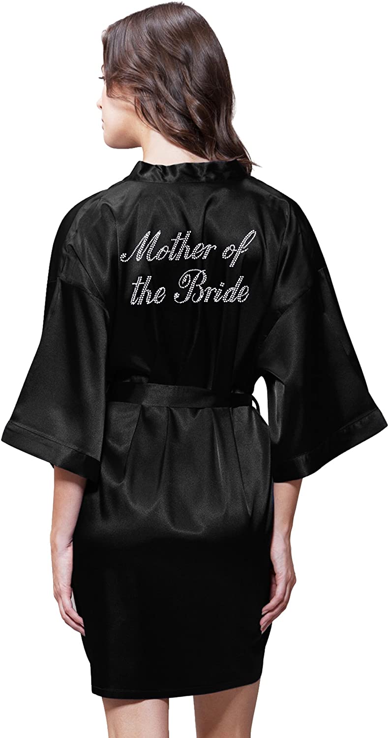 Price:$22.99 Satin Kimono Rhinestone Mother of The Bride Robe (Large, Black) at Amazon Women’s Clothing store