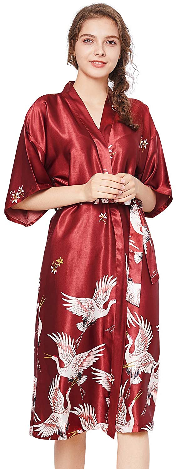 Price:$12.99 E.JAN1ST Women's Kimono Long Robe Satin Bathrobe Floral V-Neck Sleepwear at Amazon Women’s Clothing store