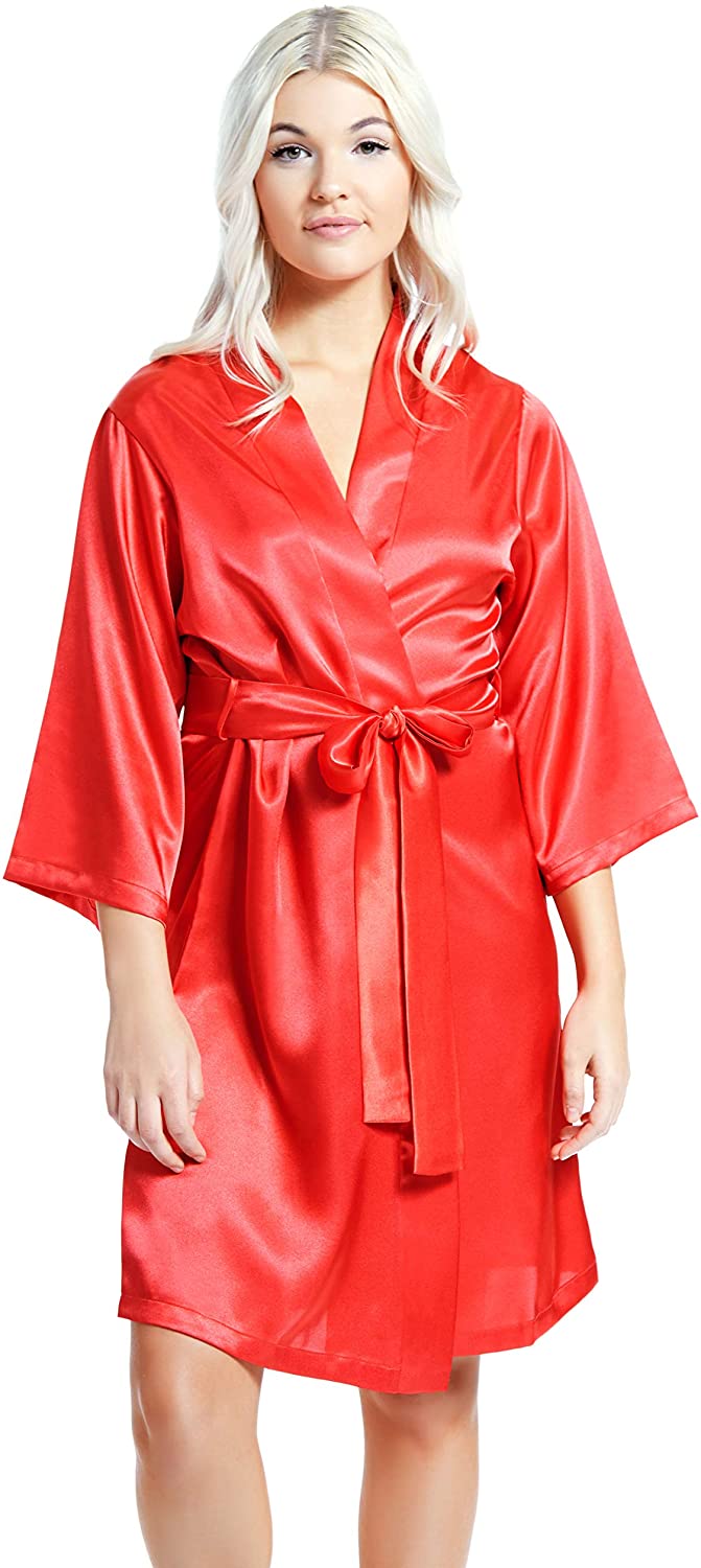 Price:$17.99 Jovannie Women's Satin 3/4 Sleeve Kimono Robe with Matching Sash Regular/Long Length at Amazon Women’s Clothing store