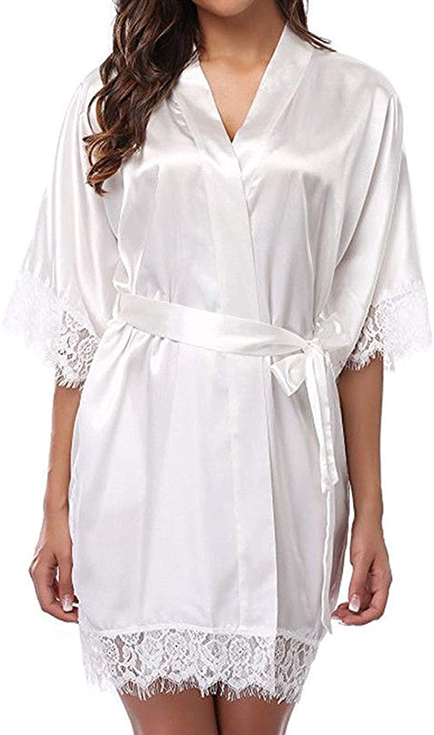 Price:$3.55 Women's Satin Silk Bathrobe Sleepwear V-Neck Short Kimono Robe Bridesmaids Robe with Belt at Amazon Women’s Clothing store