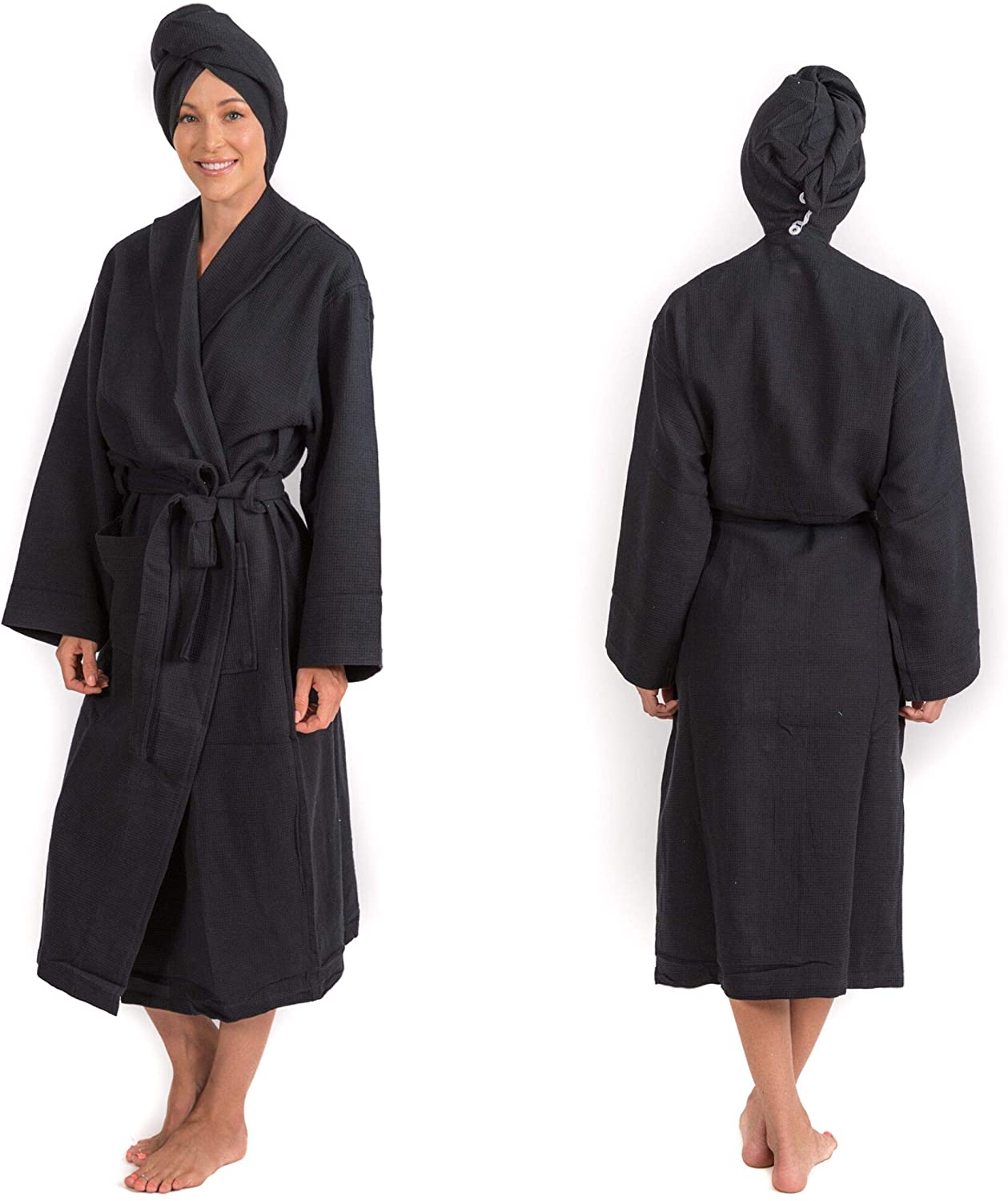 Price:$44.99 Kelly Brown International LLC Krown Robe Women's Robe and Attached Hair Turban - Soft Cotton 2-in-1 Waffle Weave Extra Absorbent Robe and Hair Wrap Black at Amazon Women’s Clothing store