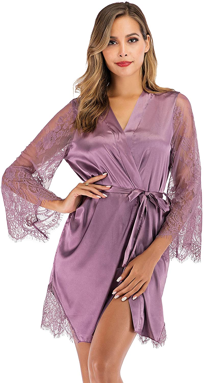 Price:$21.99 Women's Sexy Satin Kimono Solid Color Lace Bathrobes for Parties Wedding Bridal and Bridesmaid Pink XL at Amazon Women’s Clothing store