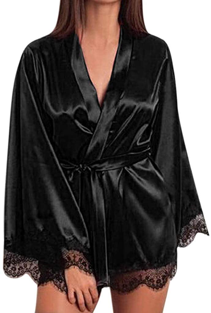 Price:$10.99 Mlide Women's Japanese Kimono Style Robe Rayon And Lace Pajamas With Belt(S-XXXL) at Amazon Women’s Clothing store