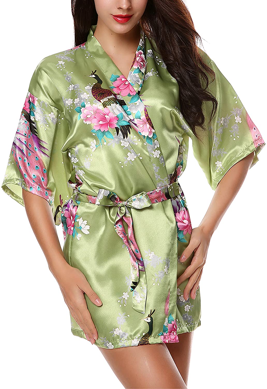 Price:$5.59 Avidlove Women's Kimono Robes Peacock and Blossoms Silk Nightwear Short Style, Green, XX-Large at Amazon Women’s Clothing store