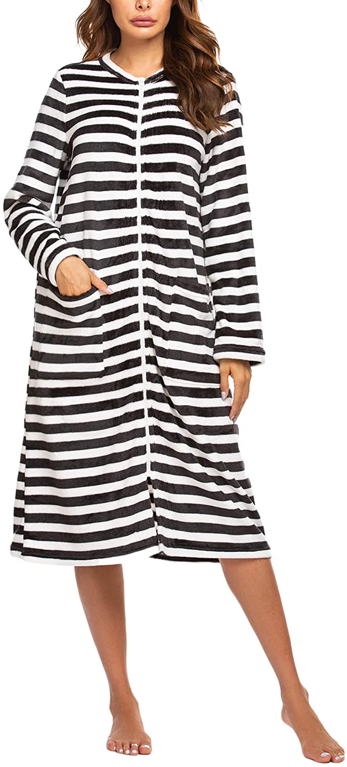 Price:$25.99 Ekouaer Sleepwear Women Zipper Front House Coat Lightweight Soft Robe Short Nightgown Black at Amazon Women’s Clothing store