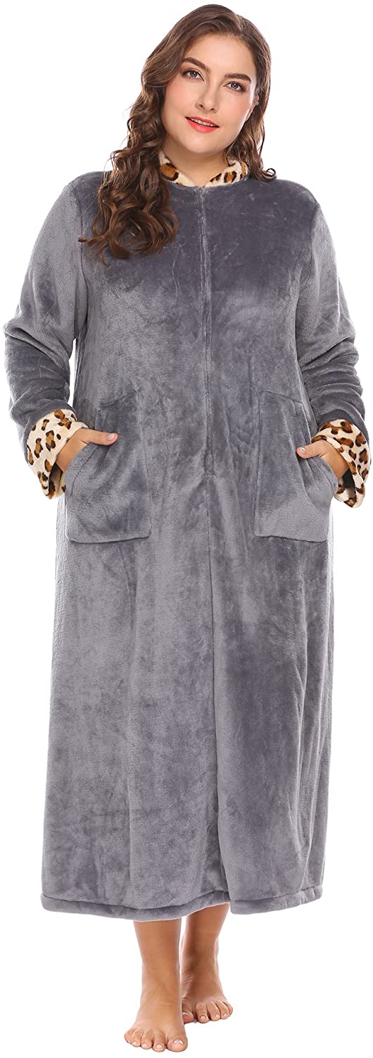 Price:$29.99 Ekouaer Women’s Plus Size Soft Warm Stand Collar Leopard Trim Half Zip-Front Bathrobe Plush Fleece Gown with Pockets at Amazon Women’s Clothing store