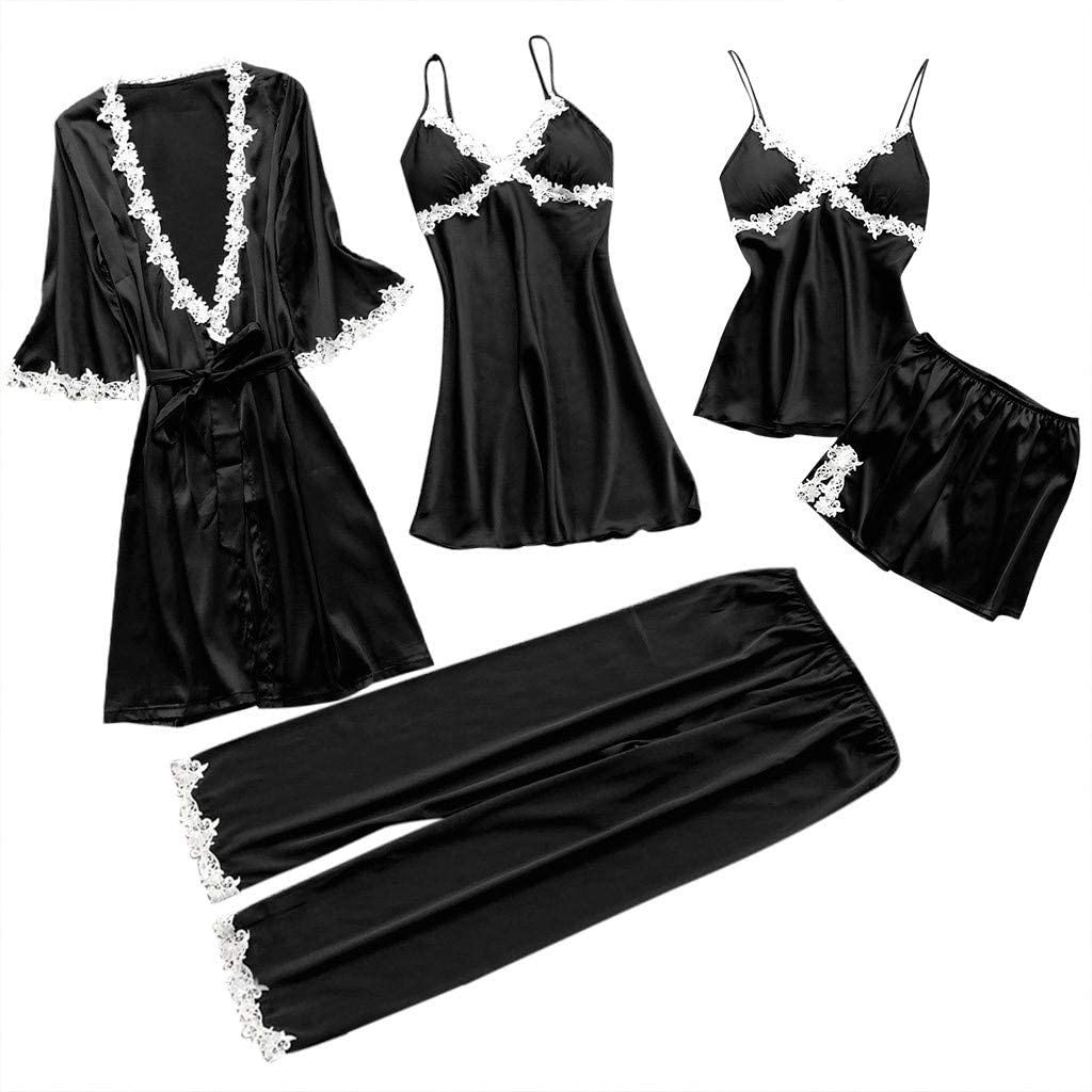 Price:$6.69 Swyss Women's Sleepwear Sexy Lace Trim Satin 5 Piece Robe + Nightgown + Camisole Shorts Pajama Set + Long Pants at Amazon Women’s Clothing store