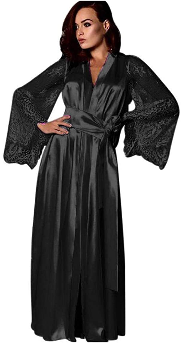 Price:$1.21 Women's Long Classic Satin Kimono Lounge Bathrobe Robe Gown Lingerie Silk Bridal Bridesmaid Robe with Lace Trim at Amazon Women’s Clothing store