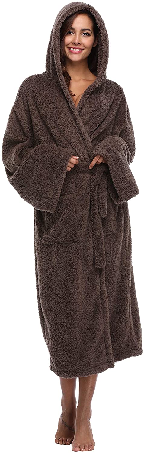 Price:$26.99    Vogue Bridal Unisex Soft Plush Coral Fleece Robe Plus Long Hooded Spa Bathrobe, Coffee M/L  Clothing