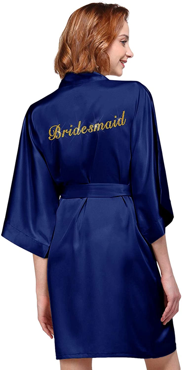 Price:$18.95 AW Bridal Personalized Satin Robes Gold Rhinestone Bridesmaid Kimono Bathrobe for Wedding Party at Amazon Women’s Clothing store