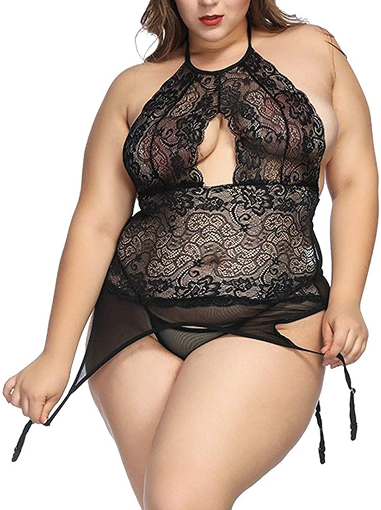 Price:$4.59 Suma-ma Plus Size Women Halter Backless Lace Lingerie Sleepwear Siamese Perspective Bodysuit S-6XL at Amazon Women’s Clothing store