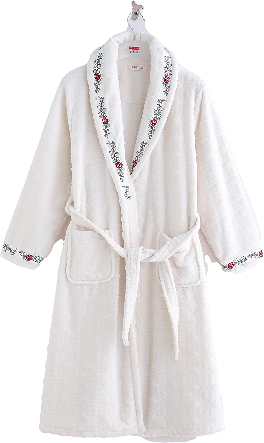 Price:$19.99 MyDream Women Coral Fleece Embroidered Shawl Collar Kimono Long Plush Bathrobe at Amazon Women’s Clothing store
