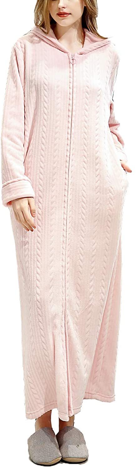 Price:$38.99 Lu's Chic Women's Hooded Robes Flannel Fleece Long Sleeve Zip Up Warm Soft Pockets House Coat at Amazon Women’s Clothing store