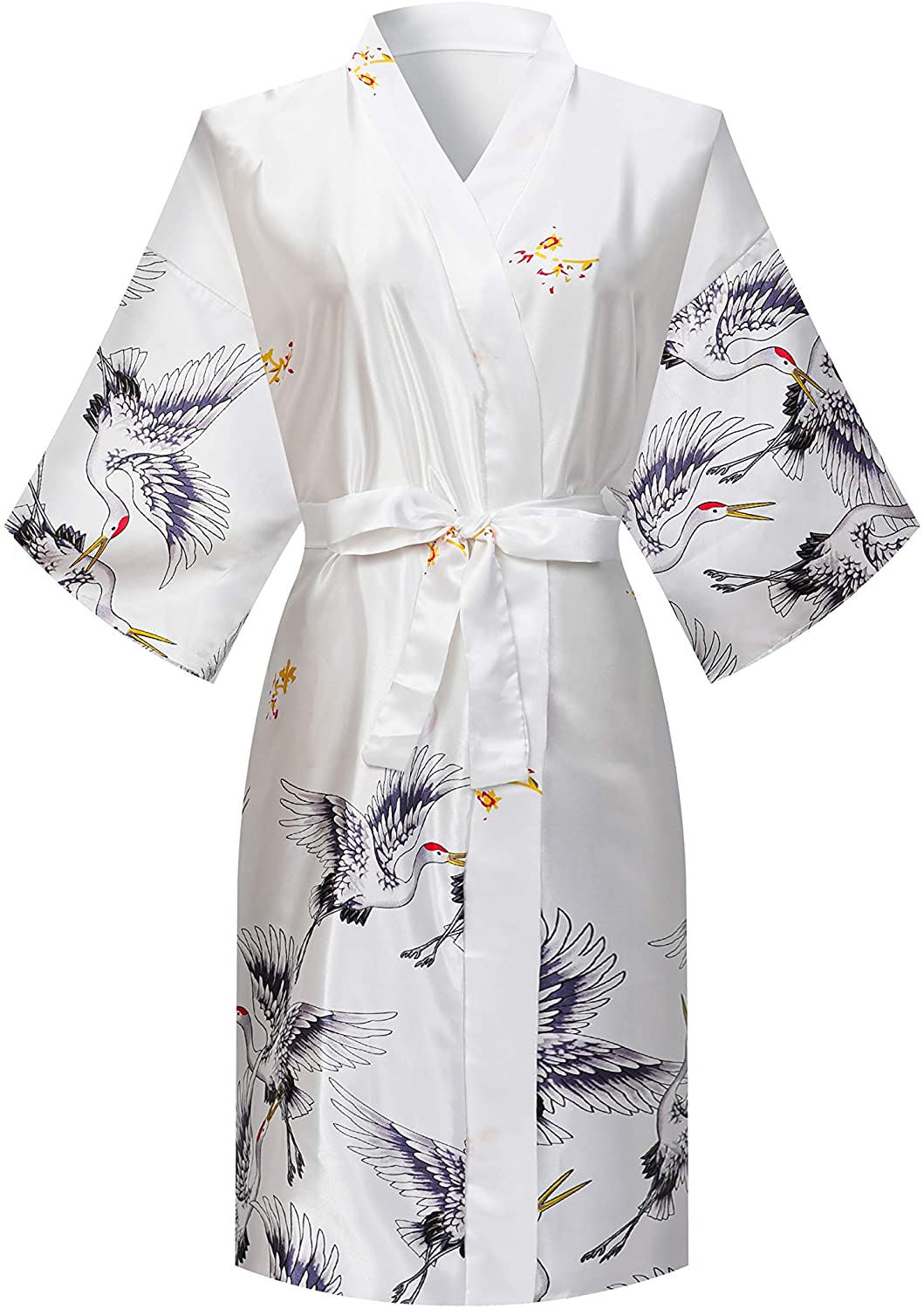 Price:$11.99 MORFORU Women One Size Silky Cranes Kimono Robe 3/4 Sleeve Satin Sleepwear Bathrobe Loungewear, Knee-High (White) at Amazon Women’s Clothing store