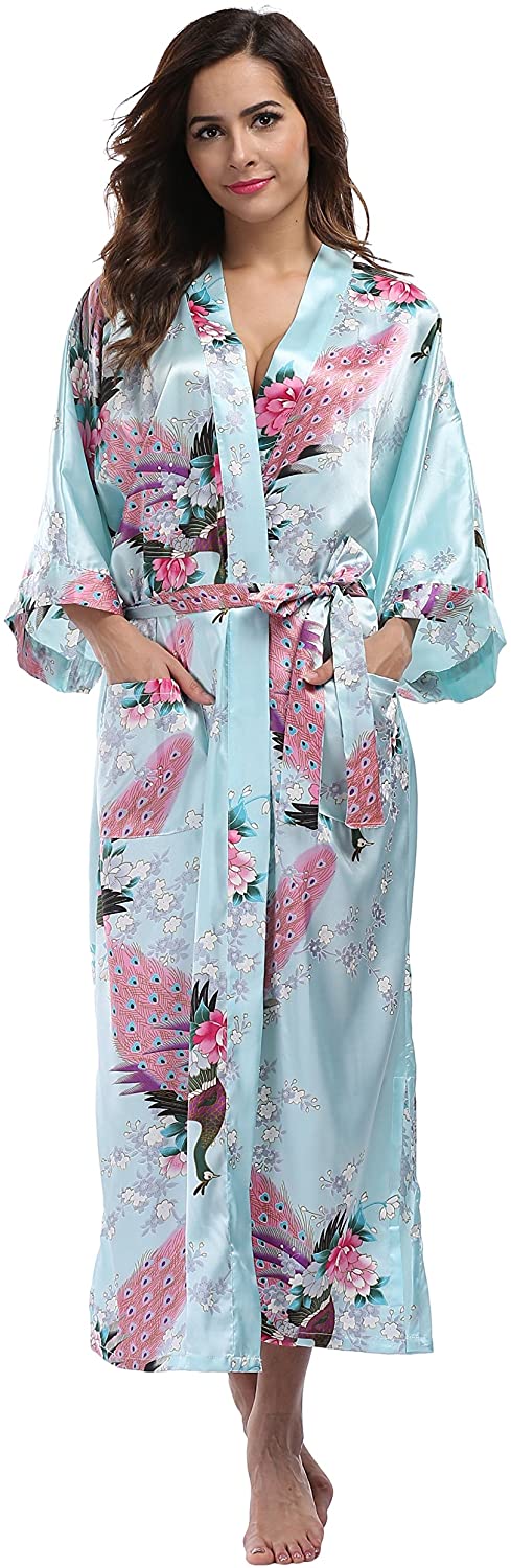 Price:$11.99 Women's Floral Long Silky Kimono Robe Satin Long Robe Nightwear with Pockets- Peacock & Blossom-Aqua S at Amazon Women’s Clothing store