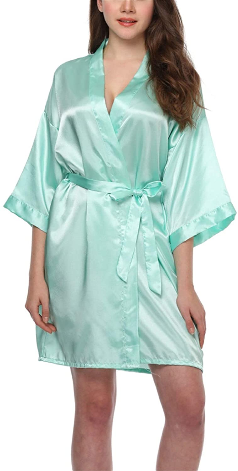 Price:$7.99 Womens Short Kimono Robe Silk Wedding Bridesmaid Bathrobe Short Satin Dress Gown Nightwear with Pocket at Amazon Women’s Clothing store