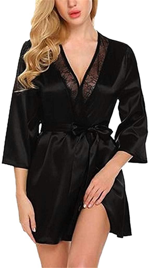 Price:$0.10 Women's Silk Lace Sexy Kimono Robes Lingerie Bathrobe Oblique V-Neck Short Satin Pure Color Robe Sleepwear with Thong at Amazon Women’s Clothing store