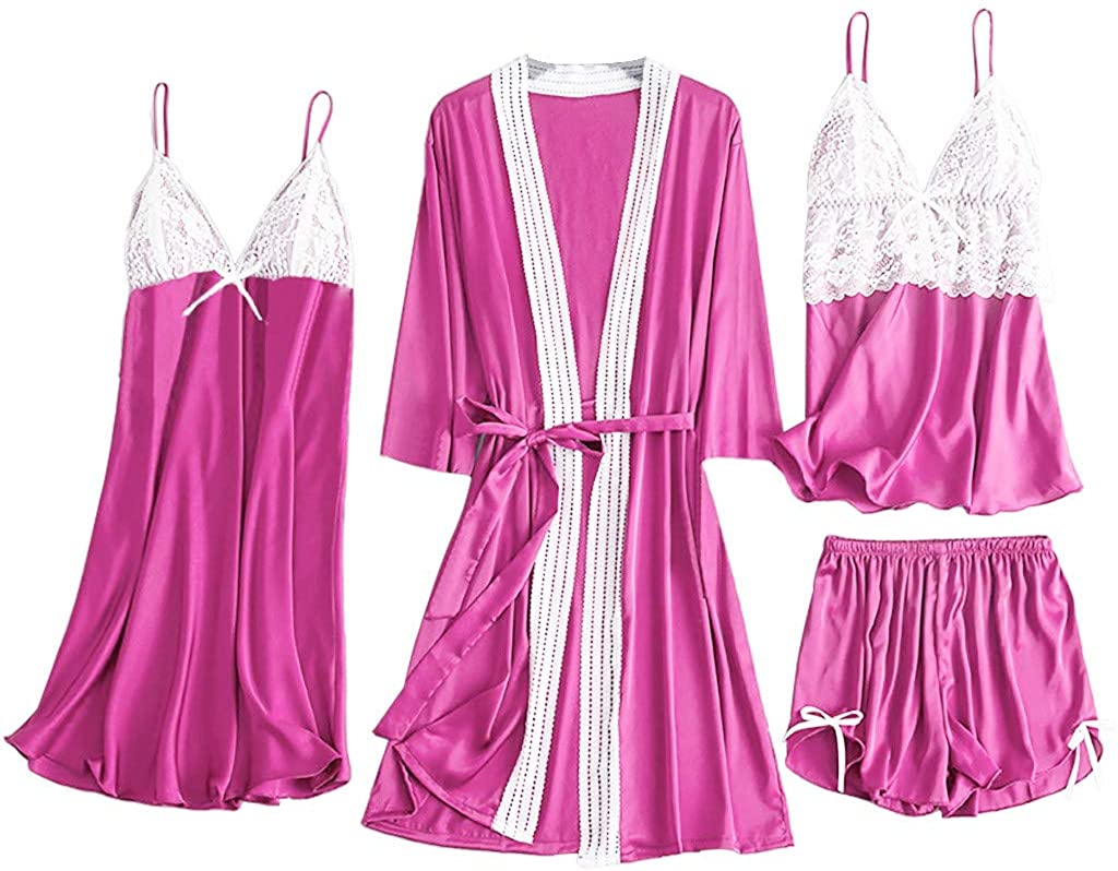 Price:$16.07 YUNIAO 4PC Women Satin Lace Camisole Bowknot Shorts Nightdress Robe Pajamas Lingerie at Amazon Women’s Clothing store
