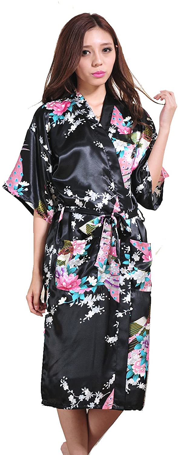 Price:$16.88 Must Rose Women Long Kimono Robe Peacock Satin Nightwear Peacork &Blossoms(XXX-Large, Black) at Amazon Women’s Clothing store