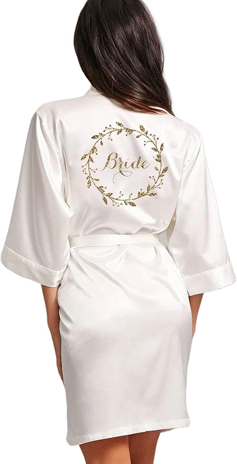 Price:$24.99 Pretty Robes Bride Robe Ivory Short Knee Length Satin Robe with Glitter Gold Bride Text in a Wreath Design Customized in USA L/XL at Amazon Women’s Clothing store