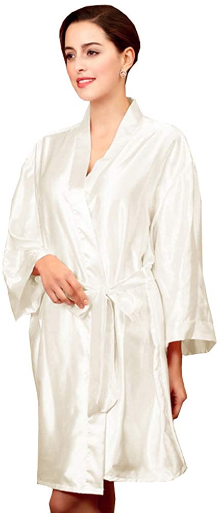 Price:$11.99 Rojeam Women's Summer Short Satin Kimono Robe Lightweight Pure Colour Nightwear at Amazon Women’s Clothing store
