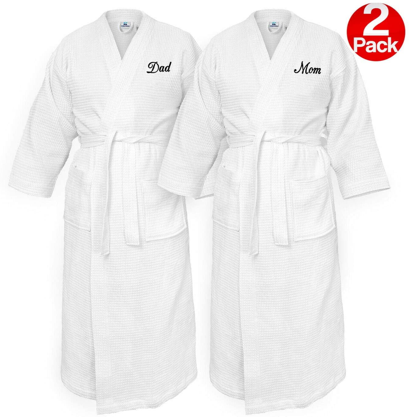 Price:$69.99    Kaufman - Waffle Kimono Elegant Bathrobes Set of Two Embroidered Spa Robes100% Cotton - Luxurious, Soft, Plush - Unisex/One Size Fits Most 2-PK (Mom/Dad)  Clothing
