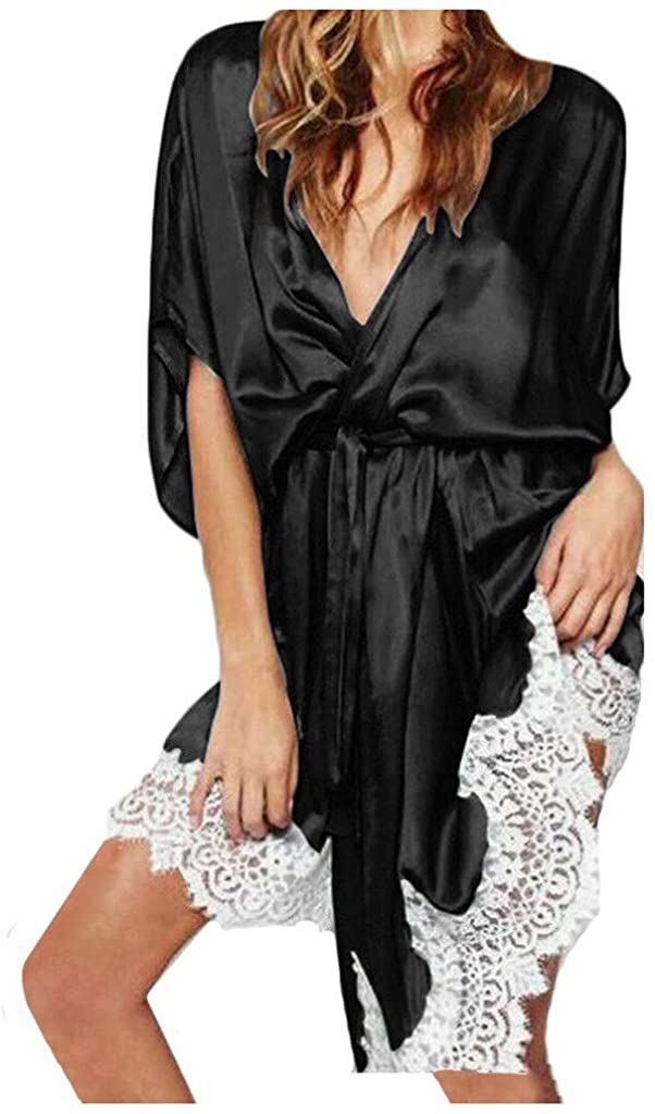 Price:$4.99 Women's Satin Kimono Robes for Women with Lace Trim Silk Bridesmaids Bride Dressing Gown at Amazon Women’s Clothing store