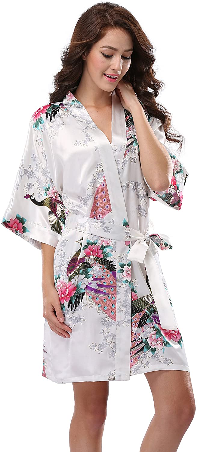 Price:$14.99 Luvrobes Women's Satin Kimono Robe, Peacock Design, Short (XL, White) at Amazon Women’s Clothing store