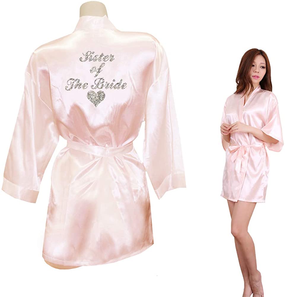 Price:$16.00 DongKing Wedding Party Robes Satin Bathrobe Short Style Glitter Pattern Print at Amazon Women’s Clothing store