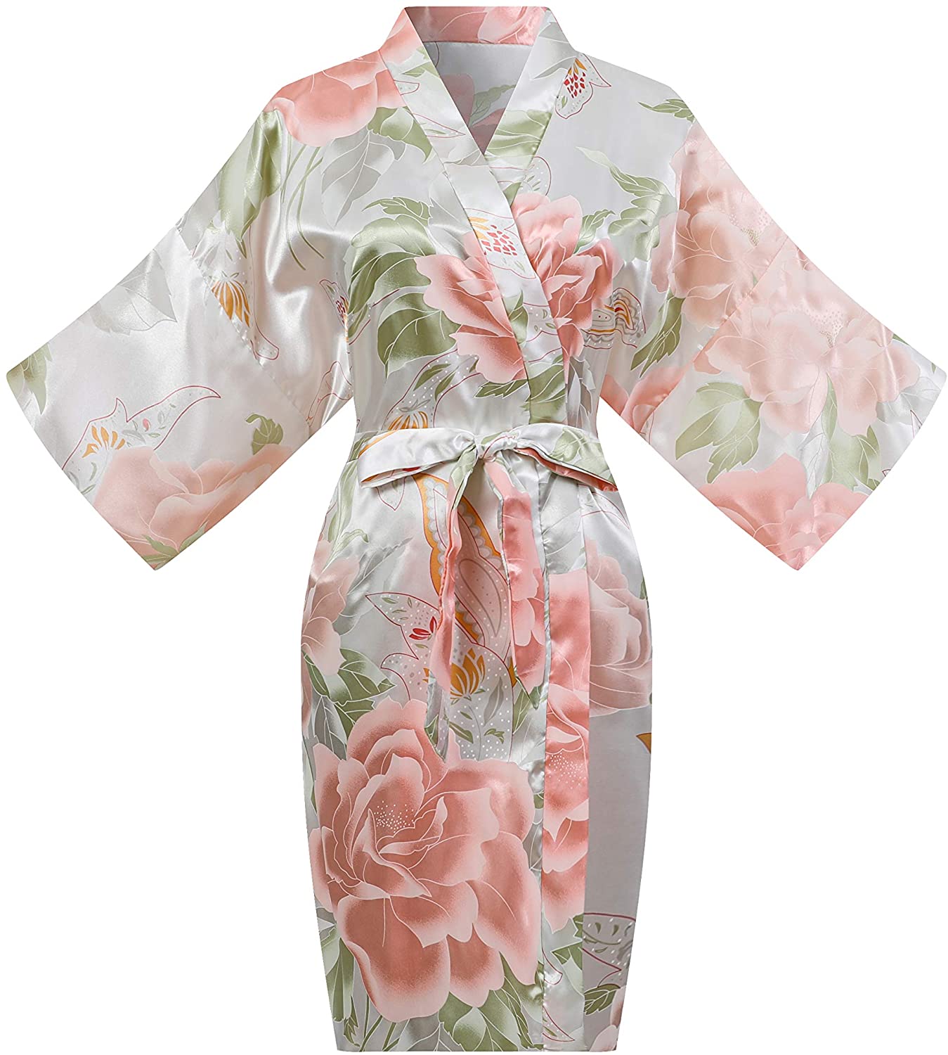 Price:$9.99 ALHAVONE Women's One Size Silky Floral Robe Bride Bridesmaid Short Kimono Sleepwear for Getting Ready Wedding Parties (White) at Amazon Women’s Clothing store