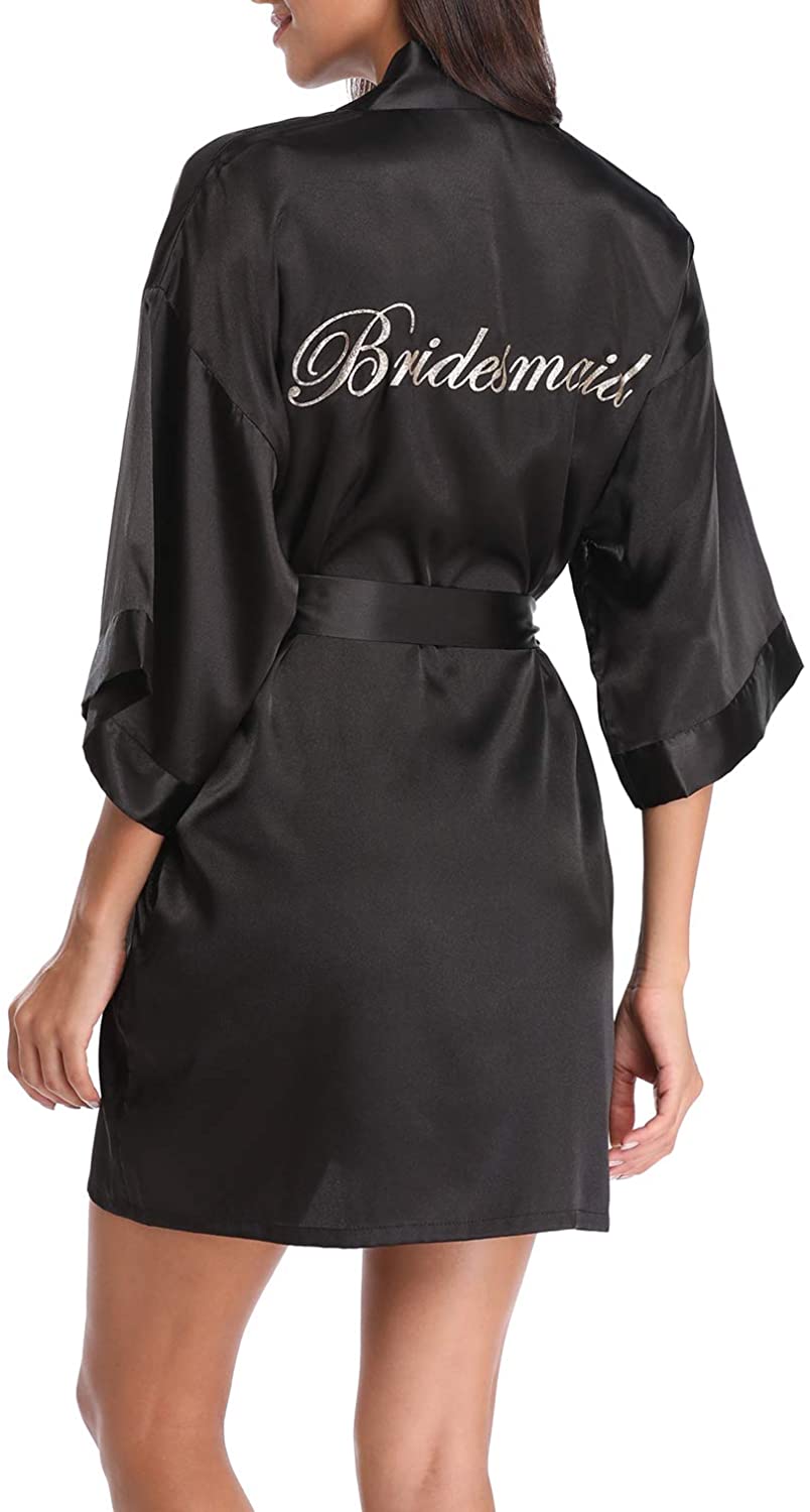 Price:$13.99 UrHot Women's Wedding Party Kimono Robe Bride Bridesmaid Satin Robes with Gold Glitter at Amazon Women’s Clothing store