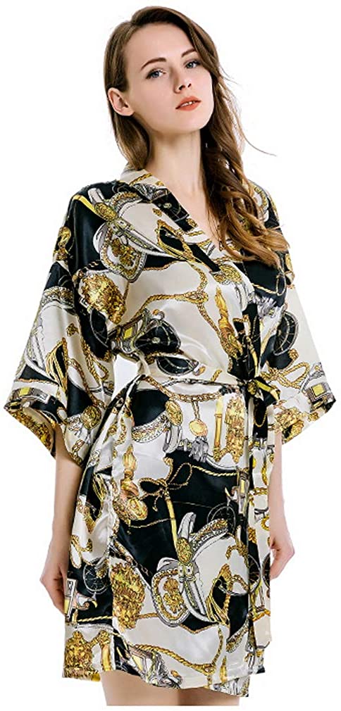 Price:$12.99 Mongous Women Kimono Robes Satin Lightweight Robe Short Knit Bathrobe Soft Sleepwear at Amazon Women’s Clothing store