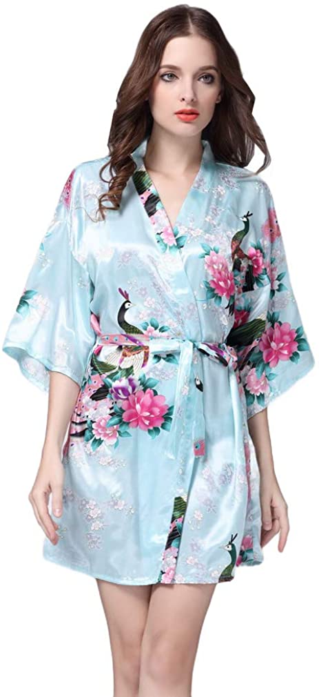 Price:$12.99 Women's Satin Kimono Short Robe - Classic Peacock Nightgown Bathrobe at Amazon Women’s Clothing store